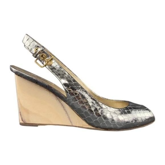 Miu Miu Shoes - MIU MIU Silver Snakeskin Wood Wedge Slingback Heel